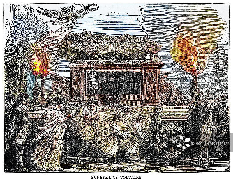 法国启蒙思想家伏尔泰葬礼雕刻插画图片素材