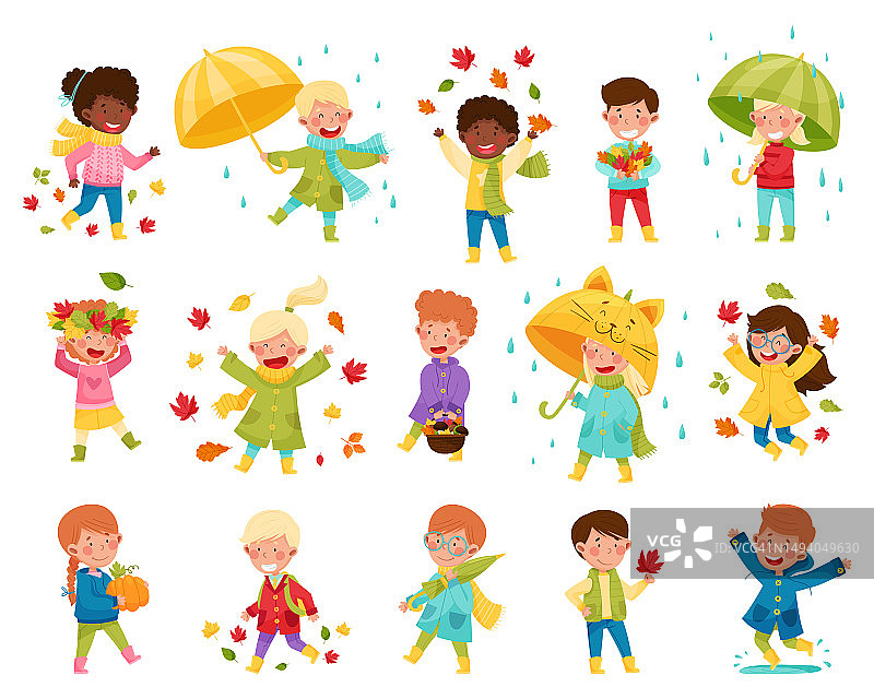 享受秋天和落叶的可爱儿童大矢量集图片素材