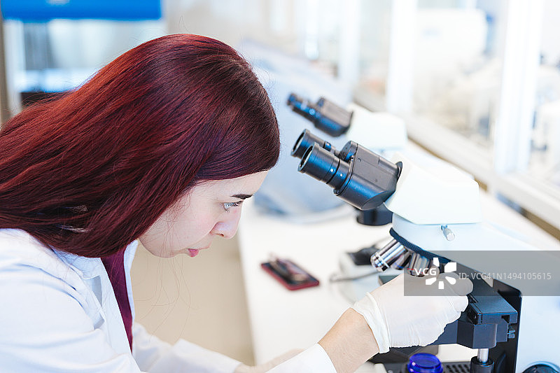 显微分析：年轻女医务技术员放置革兰氏染色样品，以便在实验室的显微镜下检查图片素材
