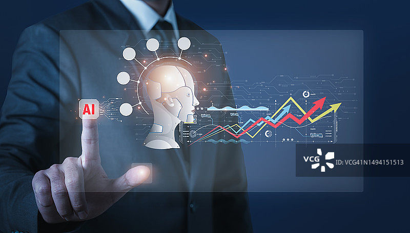 商人触摸屏使用人工智能聊天机器人提供智能数字化客户服务图片素材