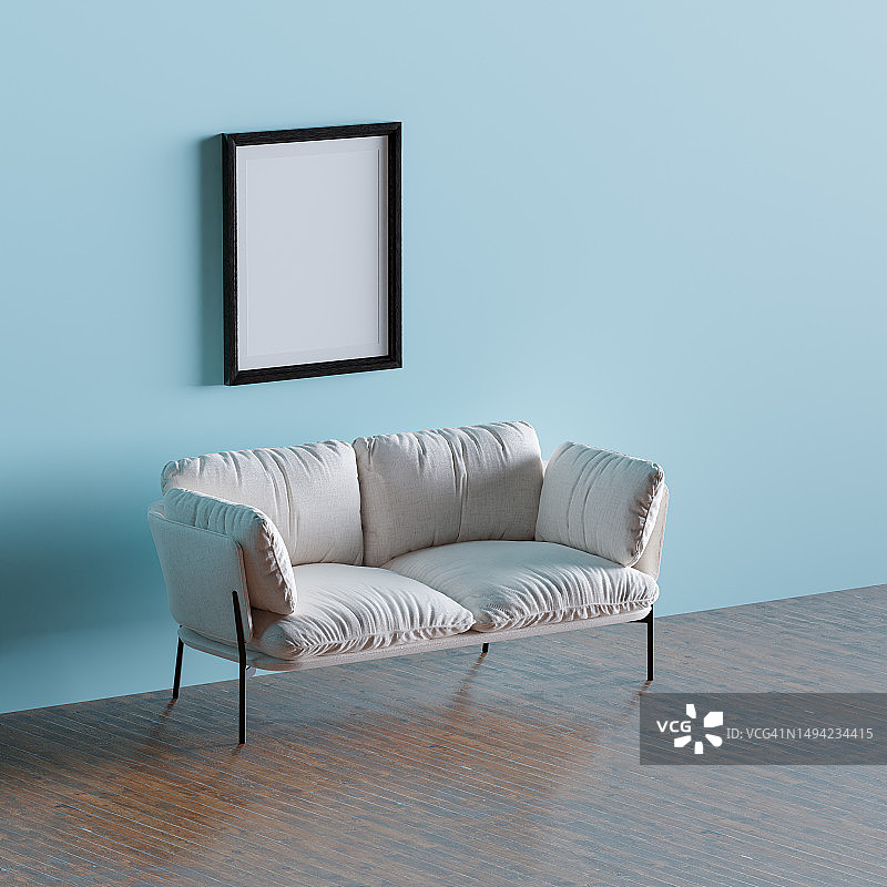 阁楼复古风格客厅内饰，白色地板和蓝色墙壁上的蓝色扶手椅3D渲染图片素材