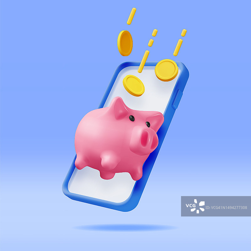 3D手机中的储蓄罐和硬币图片素材