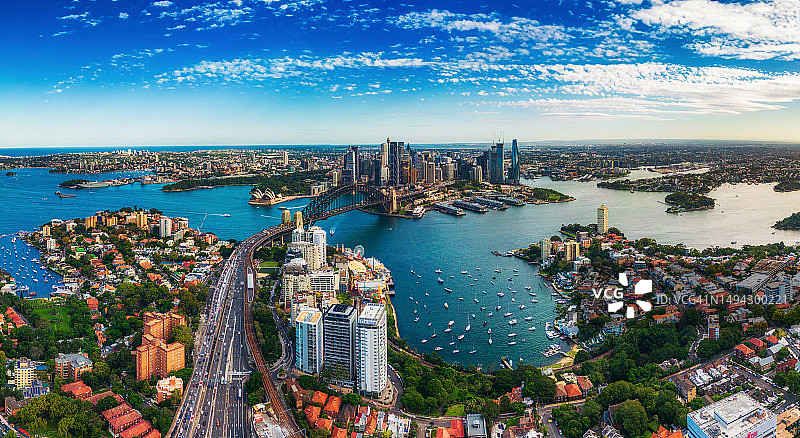 悉尼海港大桥、歌剧院及薰衣草湾的空中交通全景图片素材