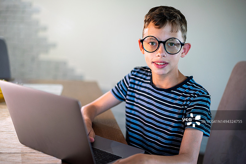少年在家使用笔记本电脑图片素材