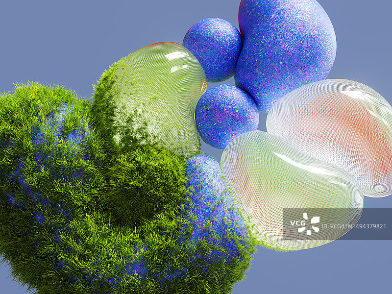 由发光球体、石头和植物组成的有机形状数字图像：生态系统图片素材