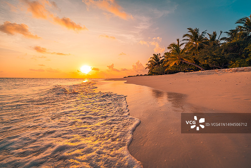 迷人的日落海滩，沙滩上的棕榈树，色彩斑斓的天空，夏季假日旅游，宁静的热带风光图片素材