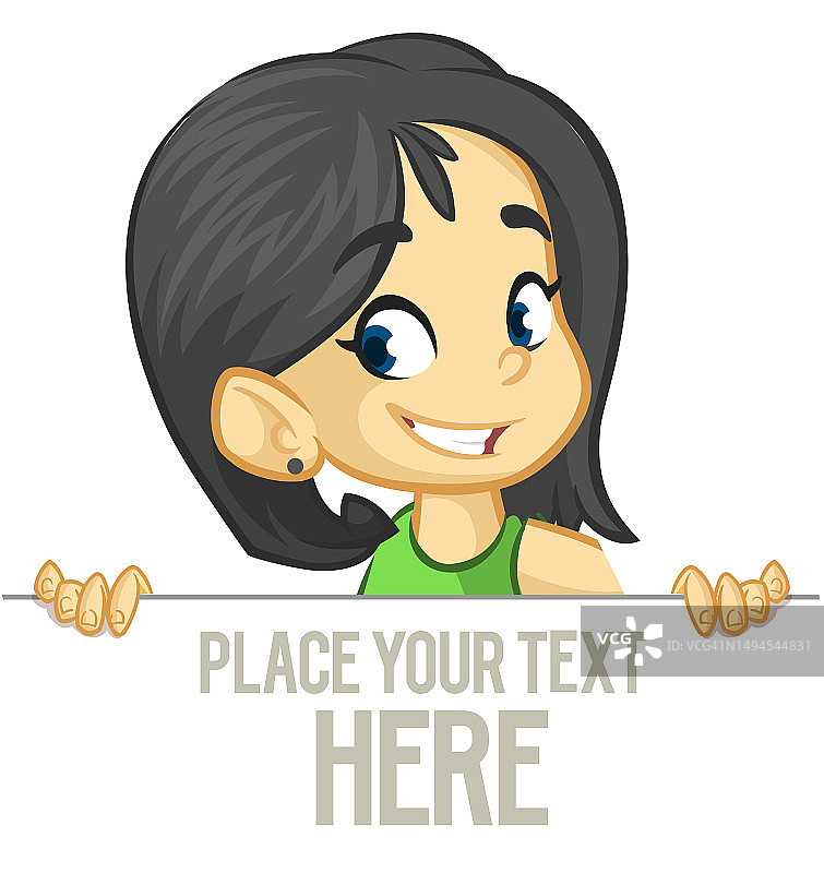 手拿空白纸或广告牌的可爱卡通女孩矢量插画图片素材