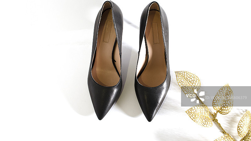 白色背景上的黑色古典高跟鞋，正面图，金色树枝与叶子，留有文字空间，摩尔多瓦设计元素图片素材