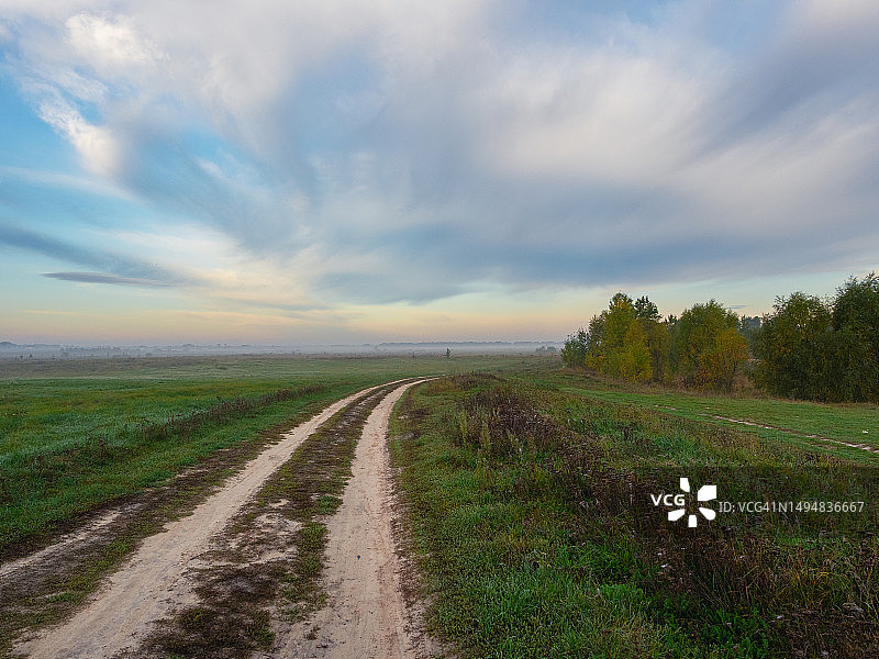 夏日清晨的景色：道路穿过绿色田野图片素材