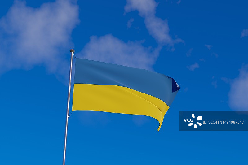 蓝天背景下的乌克兰旗帜，3D渲染图片素材