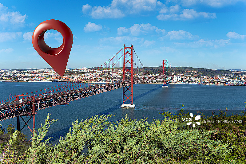 里斯本4月25日大桥景观上的位置地图图钉图片素材