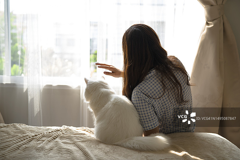 亚洲女人早上坐在窗边，看着猫咪图片素材