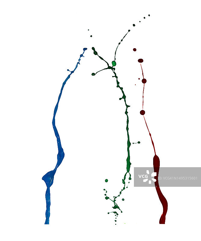 白色背景上的蓝色、绿色和红色丙烯酸涂料的滴落和飞溅图片素材