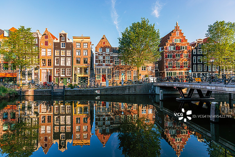 阳光明媚的日子里，荷兰阿姆斯特丹的运河中倒映着古老的荷兰房屋图片素材