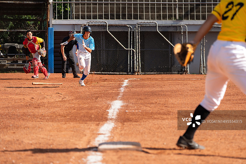 棒球比赛中，一垒手伸出手套准备接球，球员跑向一垒的广角镜头图片素材