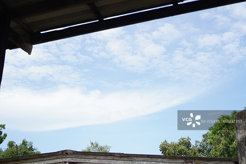 蓝天白云下的屋顶框架，留白可供文字编辑图片素材