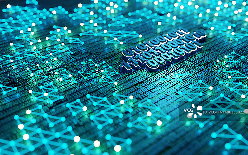 二进制数字与发光点和线条连接的技术背景图片素材
