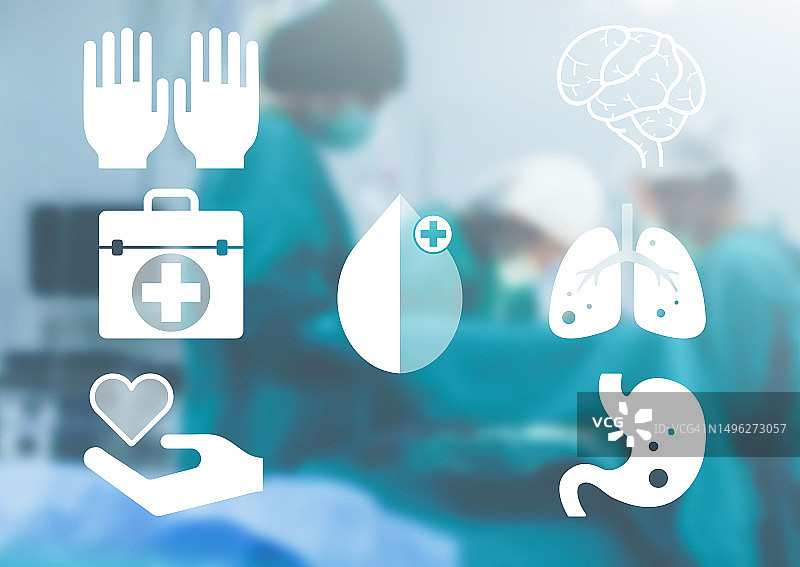 模糊的医疗团队背景图片，在手术室进行外科手术，带有未来科技图标图片素材