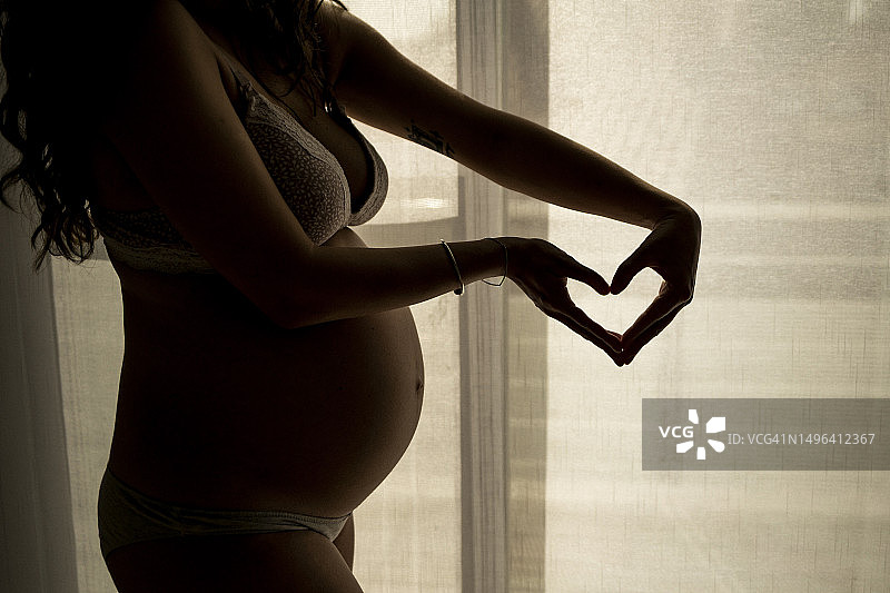 穿着内衣，用手指比心的孕妇图片素材