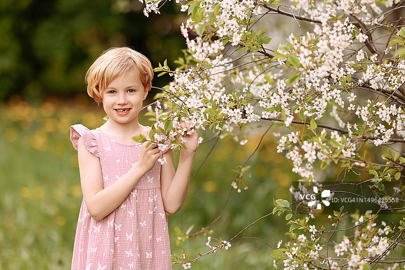 8岁的儿童穿着连衣裙站在花园里开花的苹果树旁图片素材