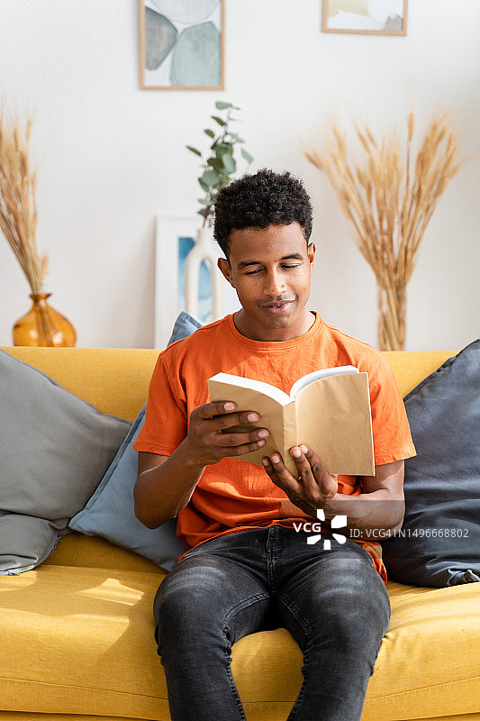 在家读书的微笑黑人男孩图片素材