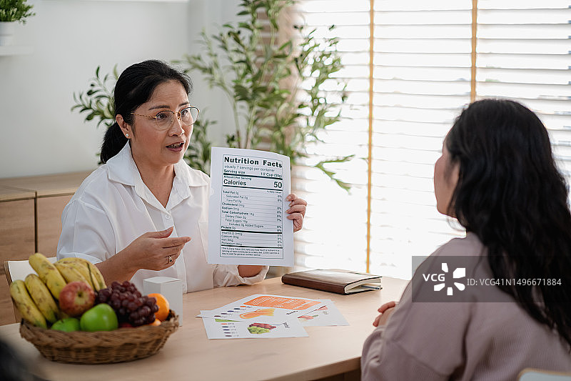 专业营养师向亚洲中年妇女介绍健康饮食中的果蔬替代品和果蔬提取物，为肥胖女性提供健康饮食，顺势疗法概念图片素材