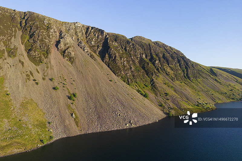 坎布里亚郡湖区伊尔吉尔黑德下方斯克里斯方向的荒原水域航拍图片素材