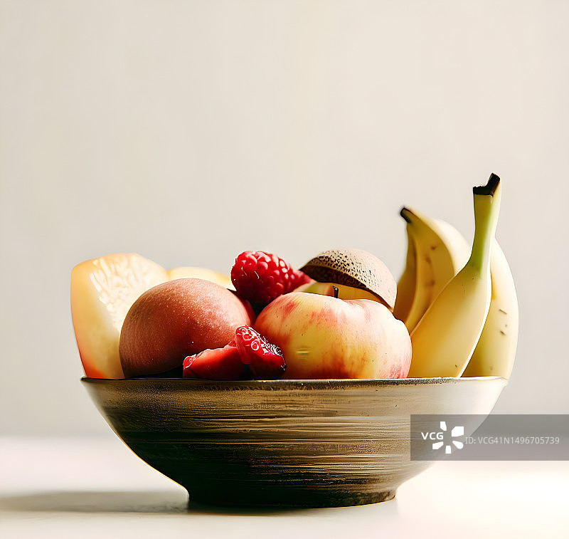 靠墙桌子上碗中水果的特写镜头图片素材