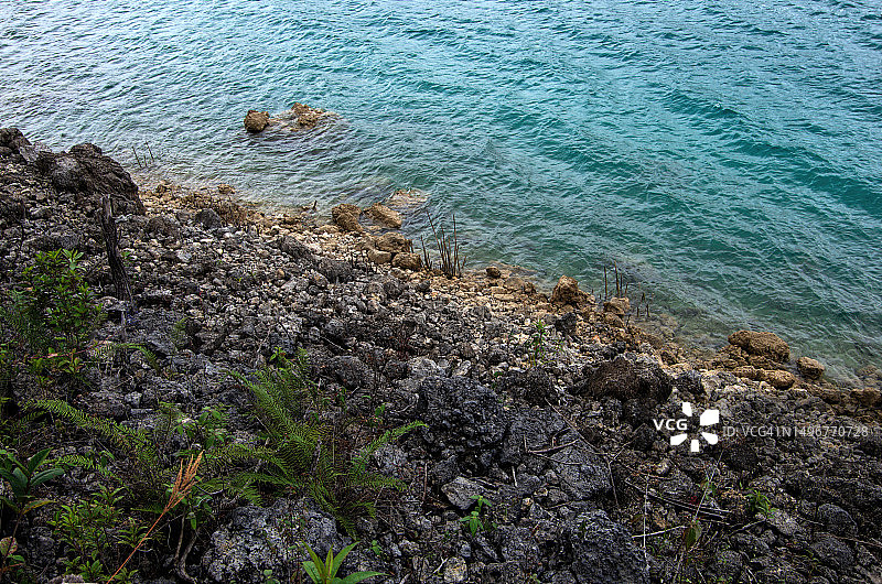 墨西哥恰帕斯蒙特贝洛湖群国家公园的Lago Tziscao湖岩石海岸线图片素材