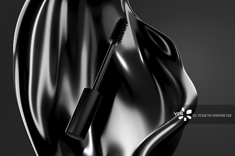 睫毛膏管、刷子和黑色污迹，飞溅。化妆品。睫毛化妆品。精美3D图案。图片素材