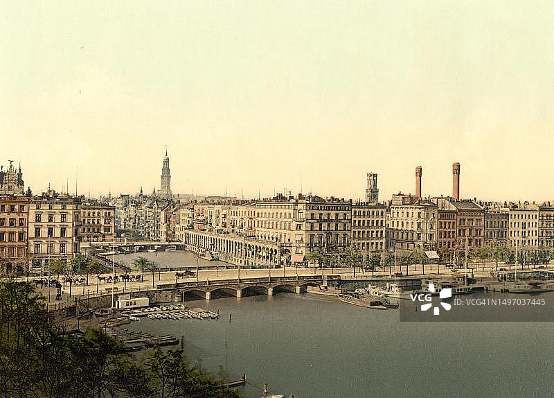 德国汉堡阿尔斯特拱廊，19世纪90年代的彩色照片数字修复再现图片素材