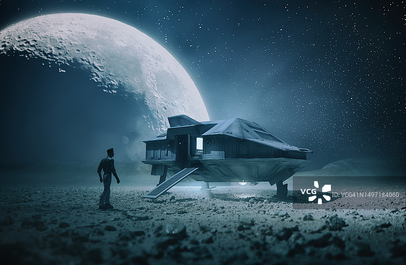 尘土飞扬的星球上的小型货运飞船图片素材