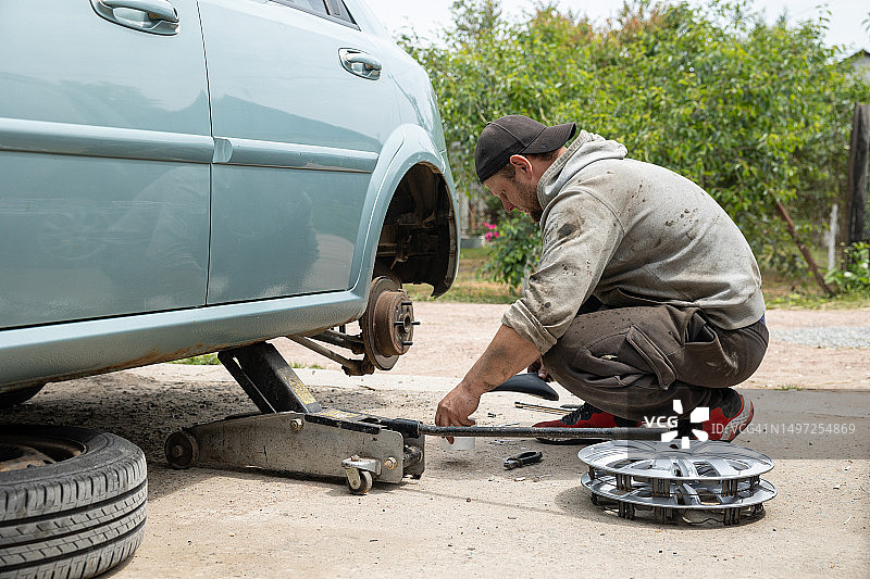 汽车修理工更换汽车后轮图片素材