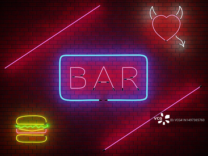 砖墙上的霓虹灯“BAR”字样图片素材