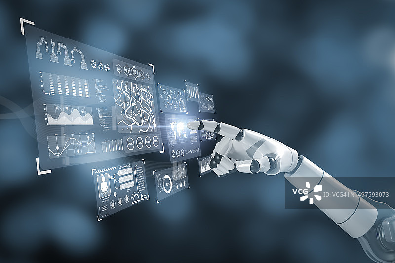 白色赛博格手臂触摸虚拟屏幕，全球互联网连接应用技术图片素材