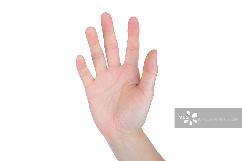 女子手部展示张开的手掌，白色背景图片素材