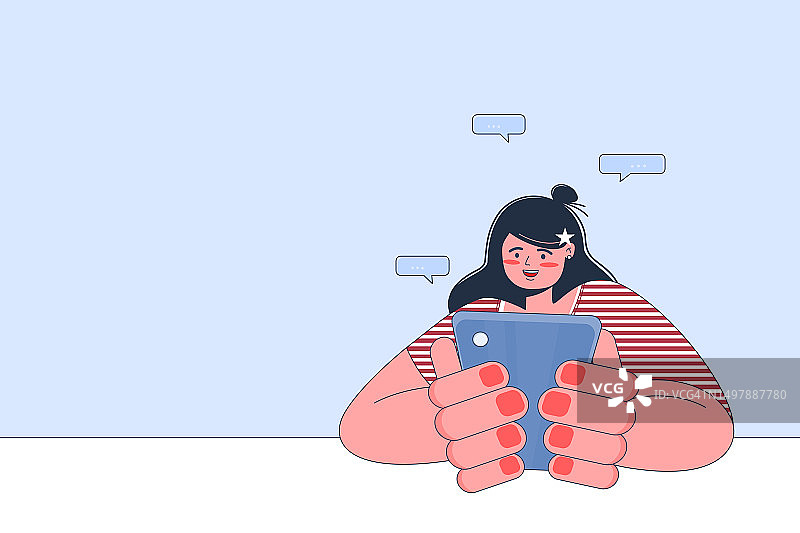 AI聊天机器人使用场景概念，展示了一位女士使用智能手机与AI聊天进行交流和学习新事物，AI聊天机器人应用程序让人感觉像与人交谈图片素材