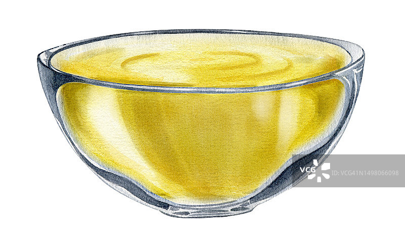 一碗橄榄油，盛有黄色液体的盘子，素食有机食品，新鲜有机特级初榨橄榄油，水彩手绘插图，已隔离，适用于菜单、包装设计图片素材