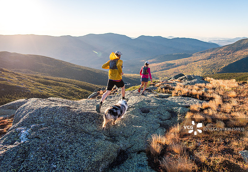 男人和女人带着狗在日出时在山中跑步图片素材