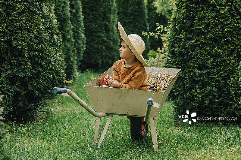 戴着帽子坐在花园手推车里的男孩图片素材