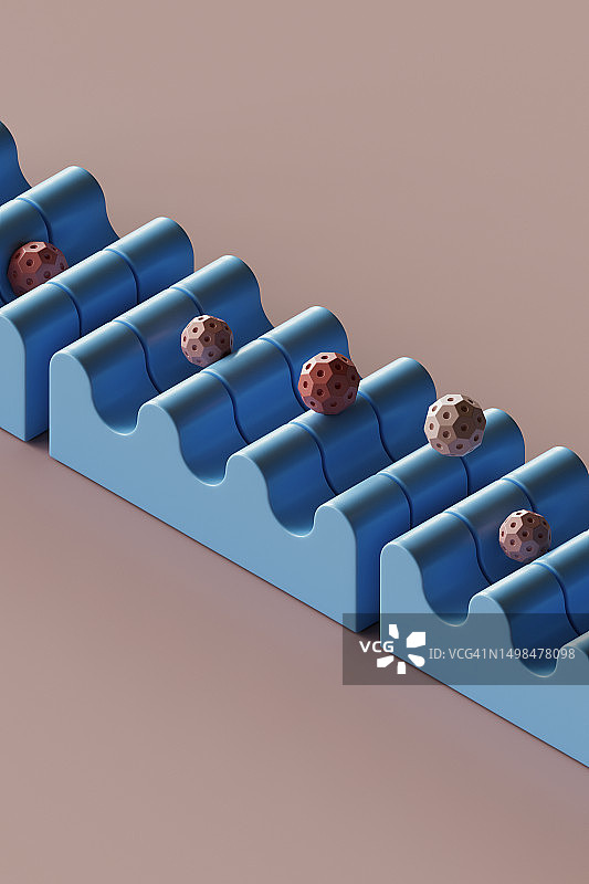 在波浪形物体上弹跳的球体3D渲染图片素材