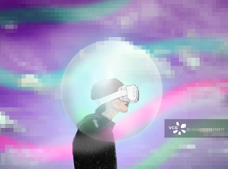 气泡保护着佩戴VR设备的女性插画图片素材