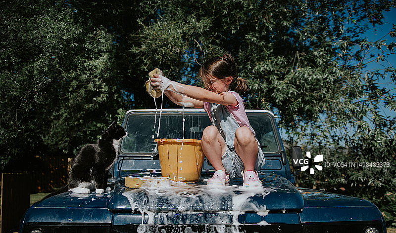 小女孩用海绵桶洗车宠物猫观看图片素材