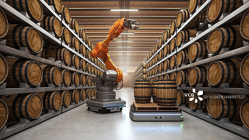 葡萄酒窖中的自动化机器人搬运车和机械臂图片素材