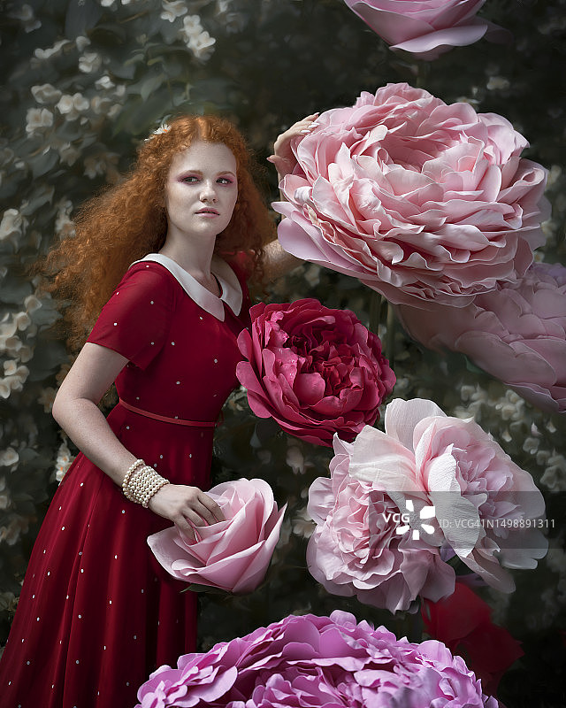 红头发的女孩长着牡丹图片素材