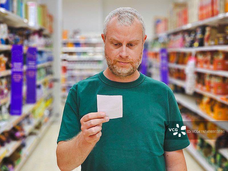 男人在超市过道里查看购物清单图片素材