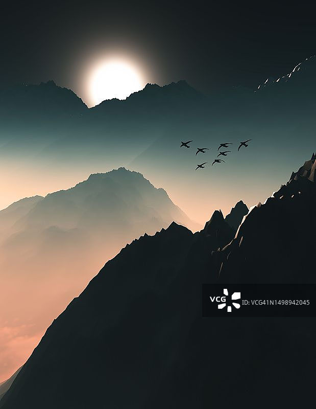 飞越山脉的鸟群图片素材