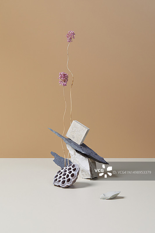 极简主义抽象静物：米色背景上的石头金字塔与干花图片素材