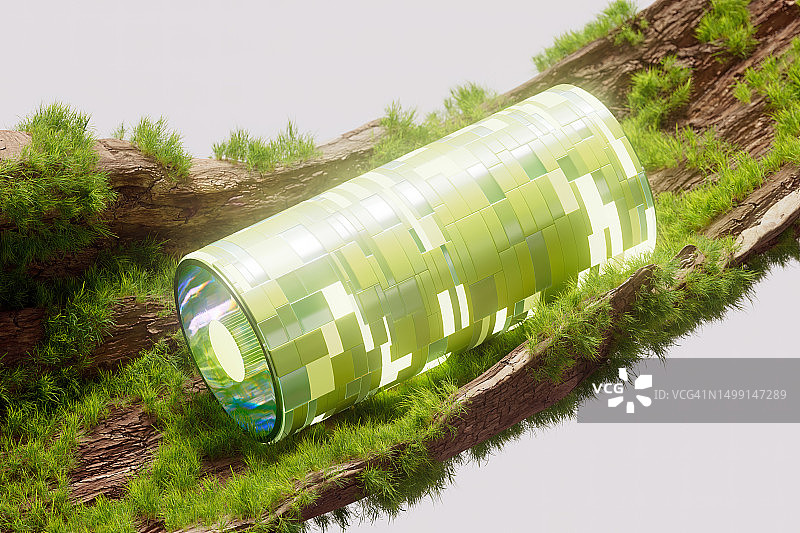 未来主义圆柱体，数字数据流和植物，技术与生态融合，ESG图片素材