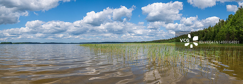 平静的湖面和云彩全景图片素材